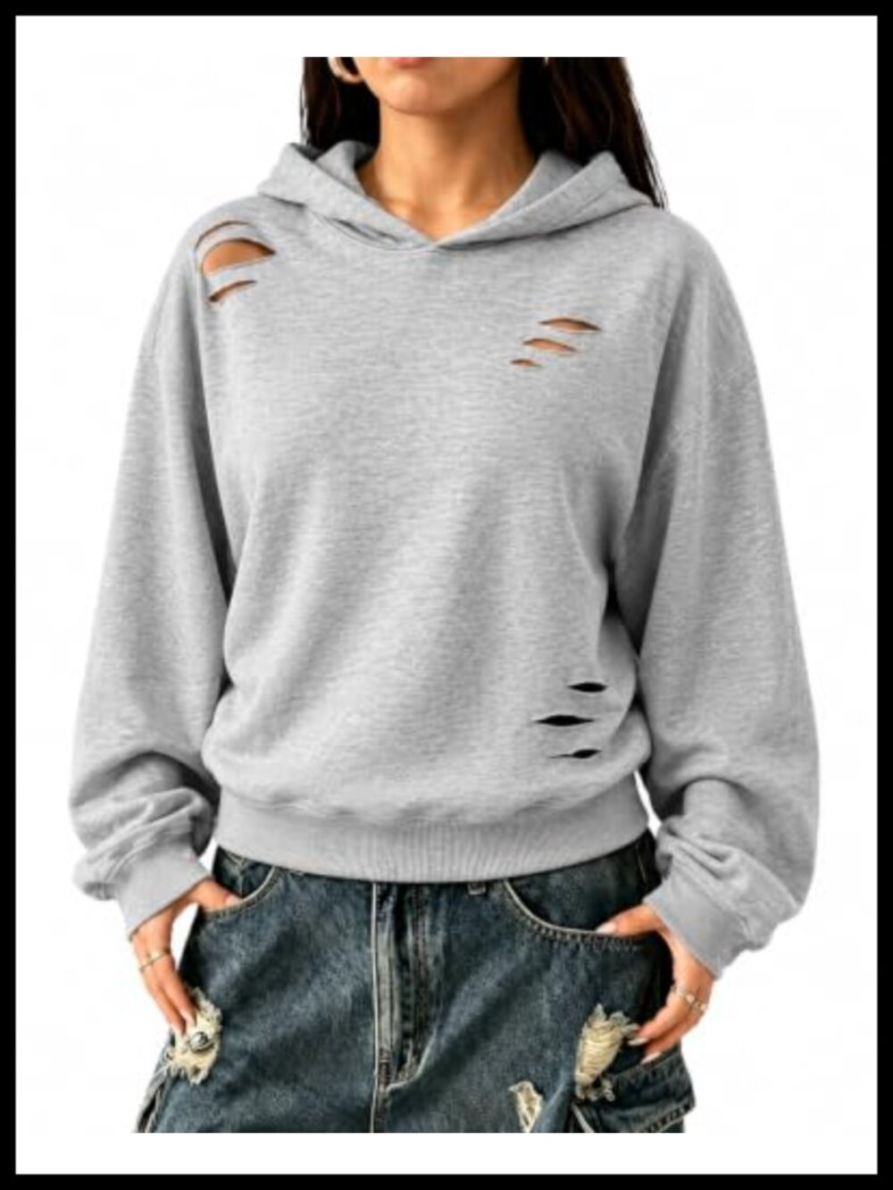 Distressed Ripped Cropped Hoodie Long Sleeve Pullover Sweatshirt
